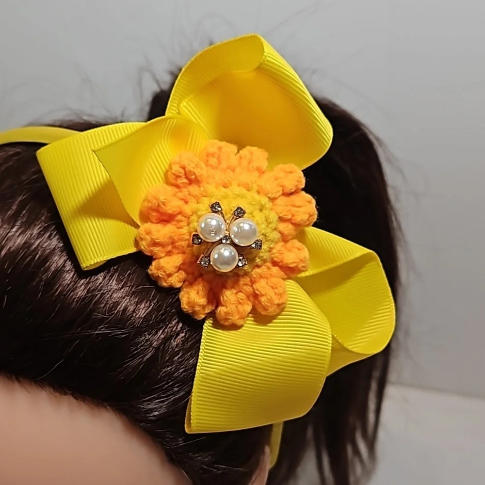 Hand Crafted yellow bow hairband hand crochet flower faux pearls beads floral